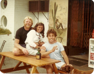 Bill Fleming, Vicki O'Brien and John 'Sword' Selwood outside Mexi Pete's