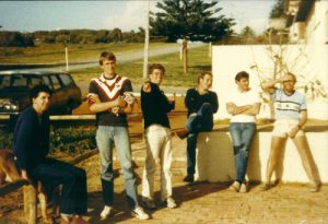 Luke Morfesse, Dave Shaw, Peter Gibbons, 'Bil Phil, Robbie and Bill Fleming outside Mexi Pete's in 1983.